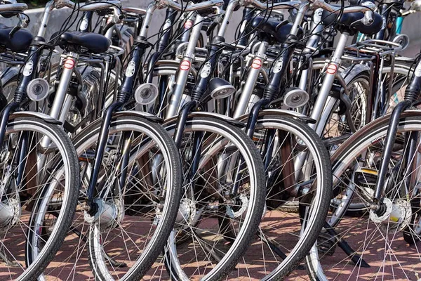 Cyklar med väskor parkerade vid vägg